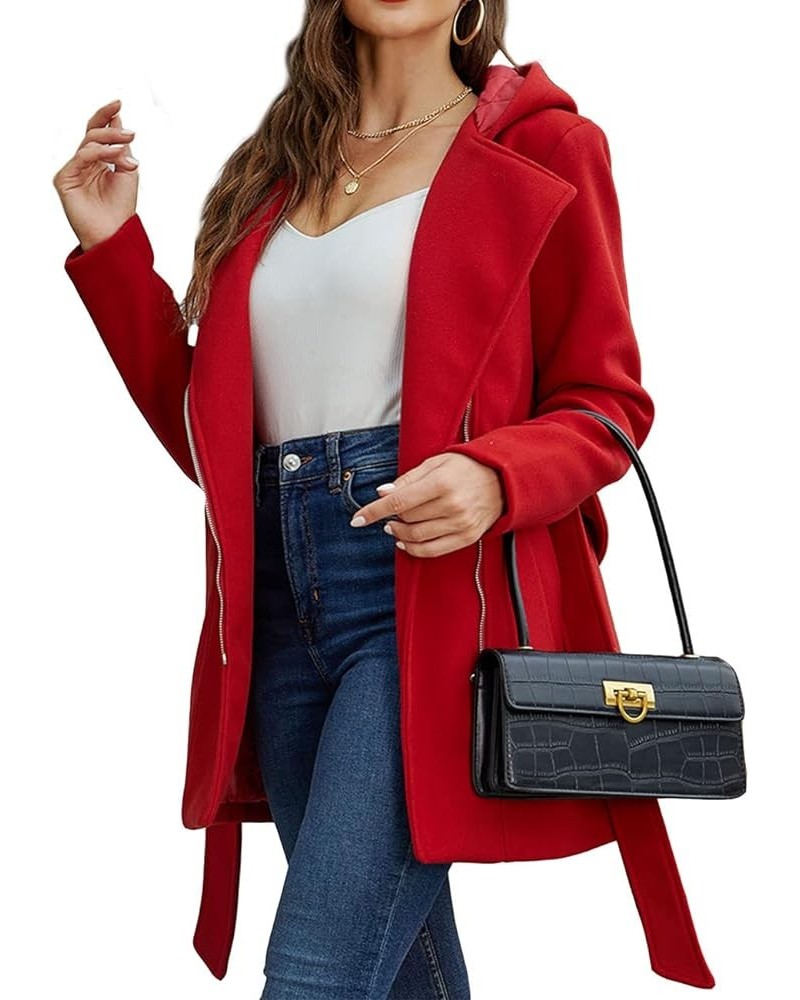 Women Wool Blend Jacket Hooded Casual Trench Belted Coat Red $33.00 Coats
