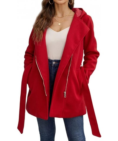 Women Wool Blend Jacket Hooded Casual Trench Belted Coat Red $33.00 Coats