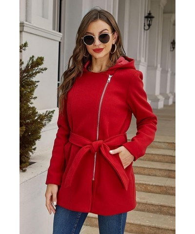 Women Wool Blend Jacket Hooded Casual Trench Belted Coat Red $33.00 Coats