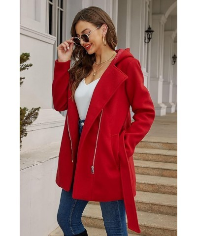 Women Wool Blend Jacket Hooded Casual Trench Belted Coat Red $33.00 Coats