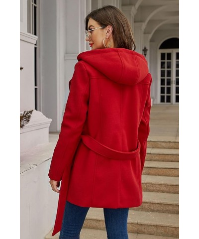 Women Wool Blend Jacket Hooded Casual Trench Belted Coat Red $33.00 Coats