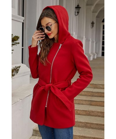 Women Wool Blend Jacket Hooded Casual Trench Belted Coat Red $33.00 Coats