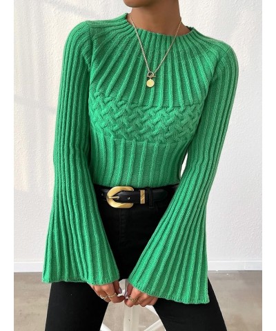 Knit Bell Sleeve Sweater Autumn Winter Knit Pullover Women Classic-Fit Lightweight Long-Sleeve Solid Color (Color : Green, Si...