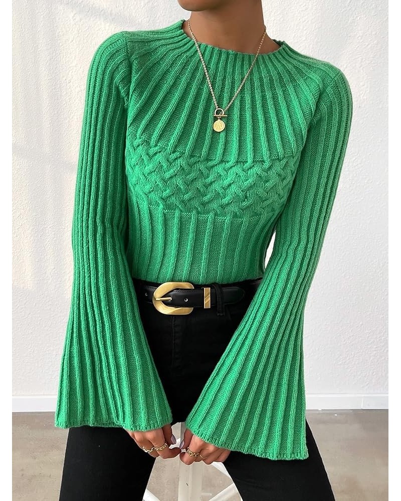 Knit Bell Sleeve Sweater Autumn Winter Knit Pullover Women Classic-Fit Lightweight Long-Sleeve Solid Color (Color : Green, Si...