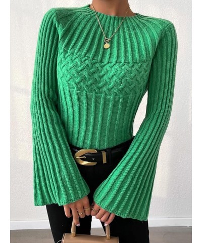 Knit Bell Sleeve Sweater Autumn Winter Knit Pullover Women Classic-Fit Lightweight Long-Sleeve Solid Color (Color : Green, Si...