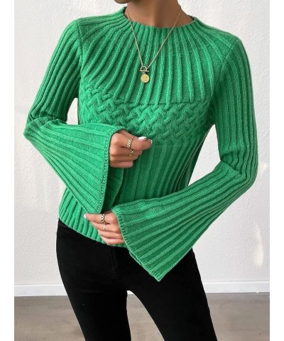 Knit Bell Sleeve Sweater Autumn Winter Knit Pullover Women Classic-Fit Lightweight Long-Sleeve Solid Color (Color : Green, Si...