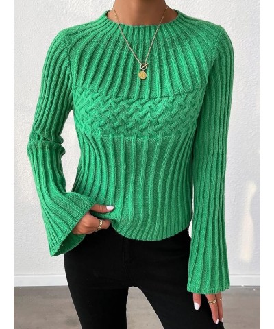 Knit Bell Sleeve Sweater Autumn Winter Knit Pullover Women Classic-Fit Lightweight Long-Sleeve Solid Color (Color : Green, Si...