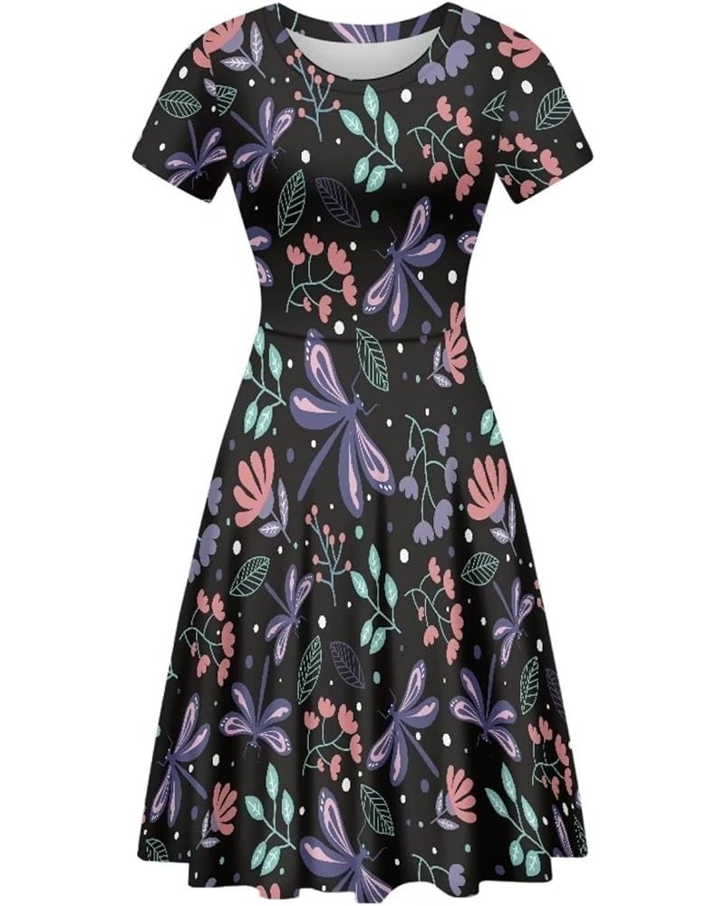 Floral Mushroom Dress for Women Plus Size Midi Dress Short Sleeve Summer Sundress Crew Neck A-Line Dresses Dragonflies $14.19...