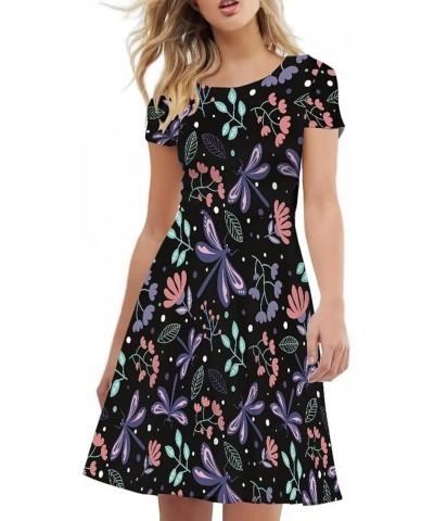 Floral Mushroom Dress for Women Plus Size Midi Dress Short Sleeve Summer Sundress Crew Neck A-Line Dresses Dragonflies $14.19...