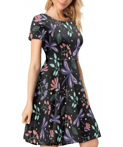 Floral Mushroom Dress for Women Plus Size Midi Dress Short Sleeve Summer Sundress Crew Neck A-Line Dresses Dragonflies $14.19...