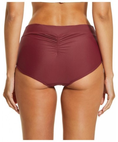 Women's Waterproof Bikini Bottoms Ruched Swim Shorts Mid Rise Swimsuit Bathing Suit Bottom Burgundy $10.99 Swimsuits