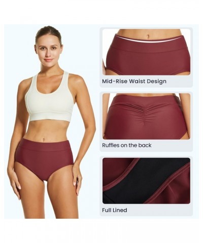 Women's Waterproof Bikini Bottoms Ruched Swim Shorts Mid Rise Swimsuit Bathing Suit Bottom Burgundy $10.99 Swimsuits