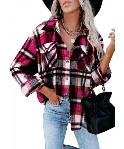 Womens Flannel Shirt Button Down Plaid Shackets Oversized Long Sleeve Blouse Tops Fall Jacket Coat with Pockets 1-rose Red $1...