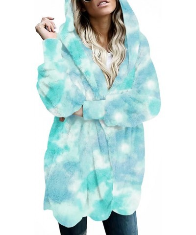 Women's Fleece Jacket Fuzzy Hooded Winter Casual Coats 2024 Cardigan Sweaters with Pokets Tie Dye Green $21.83 Jackets