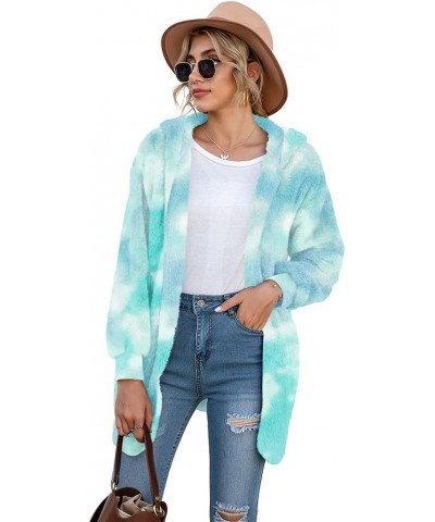 Women's Fleece Jacket Fuzzy Hooded Winter Casual Coats 2024 Cardigan Sweaters with Pokets Tie Dye Green $21.83 Jackets