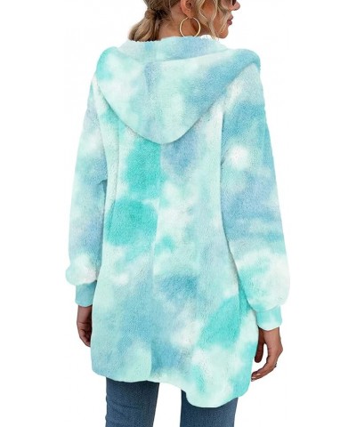 Women's Fleece Jacket Fuzzy Hooded Winter Casual Coats 2024 Cardigan Sweaters with Pokets Tie Dye Green $21.83 Jackets