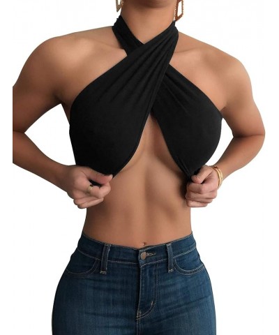 Women's Sexy Sleeveless Halter Criss Cross Tank Crop Tops Self Tie Backless Cami Black $11.59 Tanks