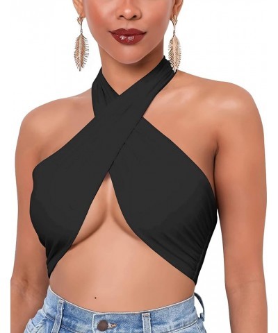 Women's Sexy Sleeveless Halter Criss Cross Tank Crop Tops Self Tie Backless Cami Black $11.59 Tanks