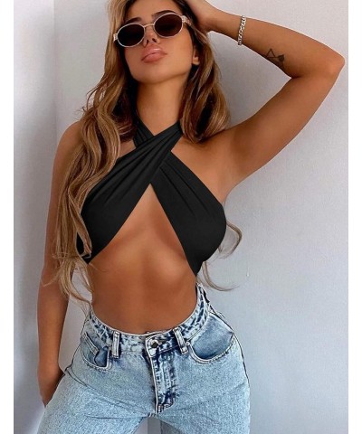 Women's Sexy Sleeveless Halter Criss Cross Tank Crop Tops Self Tie Backless Cami Black $11.59 Tanks