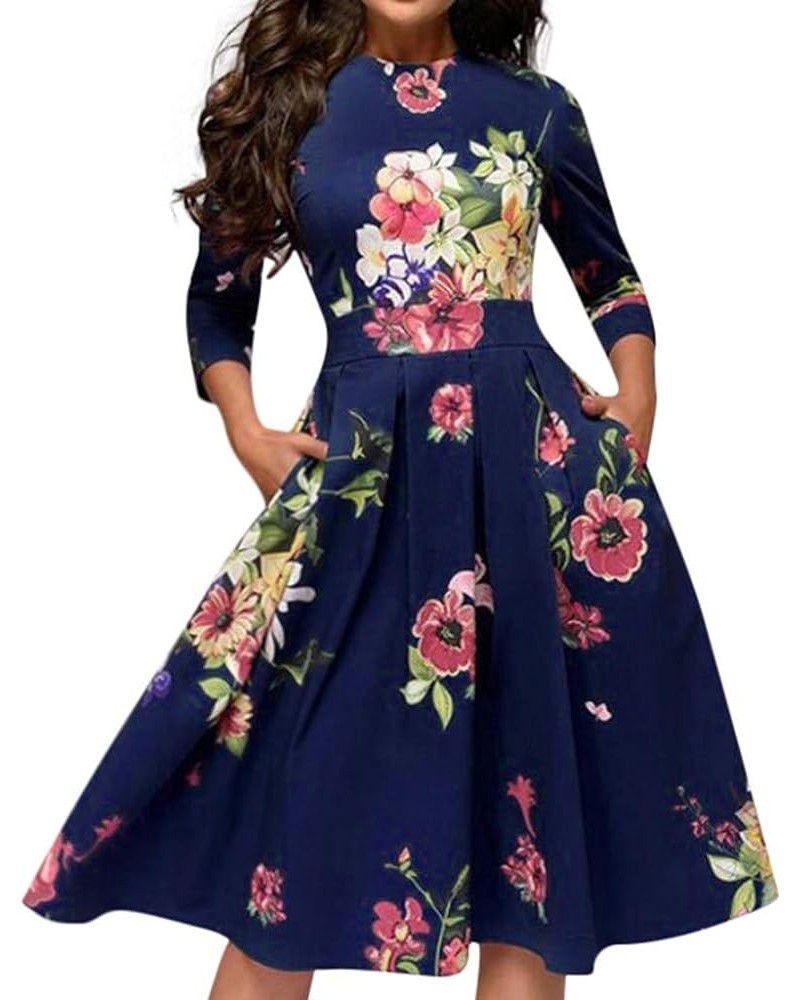 Pervobs Women Vintage Elegent Floral Printing Long Sleeve Round Neck Pocket Bodycon Party Vestidos A-Line Dress Blue $4.54 Dr...