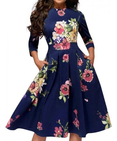 Pervobs Women Vintage Elegent Floral Printing Long Sleeve Round Neck Pocket Bodycon Party Vestidos A-Line Dress Blue $4.54 Dr...