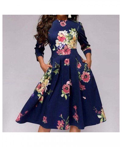 Pervobs Women Vintage Elegent Floral Printing Long Sleeve Round Neck Pocket Bodycon Party Vestidos A-Line Dress Blue $4.54 Dr...