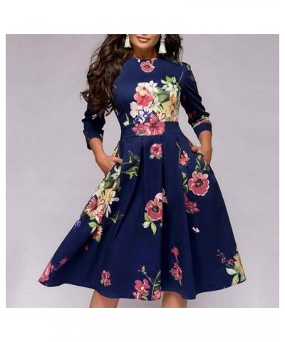 Pervobs Women Vintage Elegent Floral Printing Long Sleeve Round Neck Pocket Bodycon Party Vestidos A-Line Dress Blue $4.54 Dr...