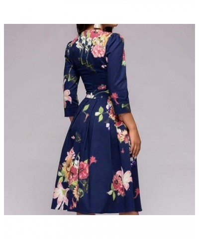 Pervobs Women Vintage Elegent Floral Printing Long Sleeve Round Neck Pocket Bodycon Party Vestidos A-Line Dress Blue $4.54 Dr...