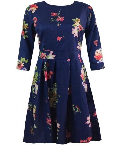 Pervobs Women Vintage Elegent Floral Printing Long Sleeve Round Neck Pocket Bodycon Party Vestidos A-Line Dress Blue $4.54 Dr...