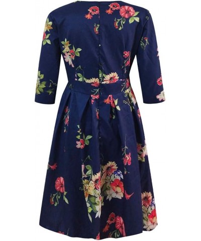 Pervobs Women Vintage Elegent Floral Printing Long Sleeve Round Neck Pocket Bodycon Party Vestidos A-Line Dress Blue $4.54 Dr...