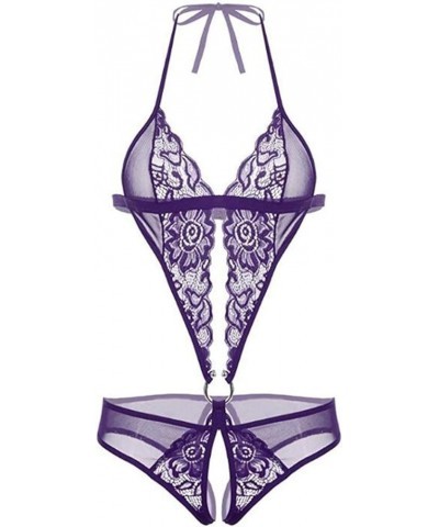 Lingerie for Women Lace Babydoll Sleepwear deep V Neck Nighty lace Open Sleepwear Halter Nighty Chemise Valentines 01_purple ...