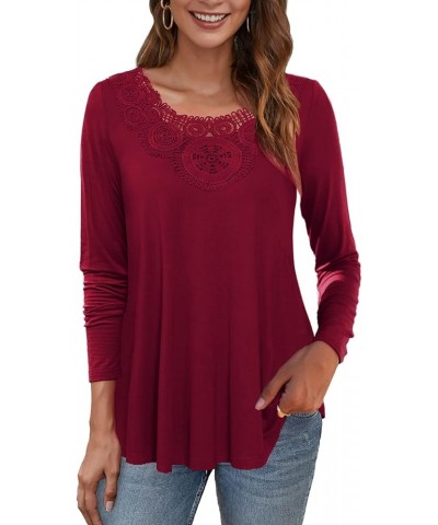 Womens Plus Size Tops Long Sleeve Shirts Blouses Lace Pleated Tunic Tops (M-4XL) Wine Red-long Sleeve $11.96 Tops