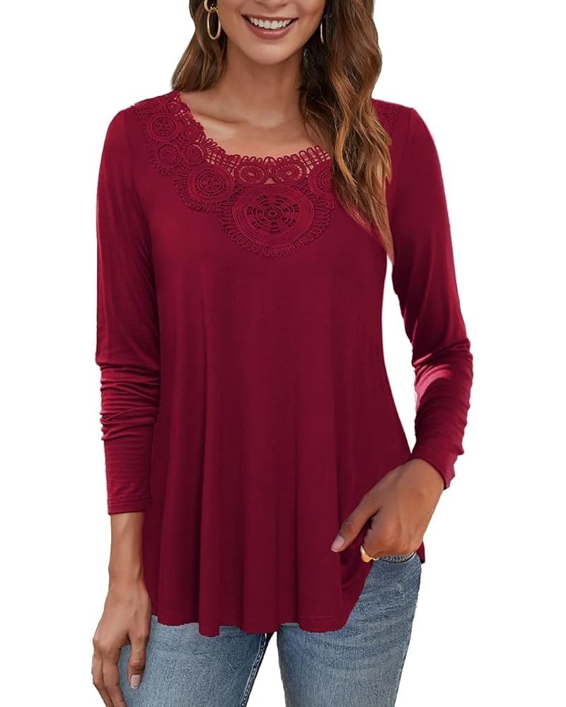 Womens Plus Size Tops Long Sleeve Shirts Blouses Lace Pleated Tunic Tops (M-4XL) Wine Red-long Sleeve $11.96 Tops