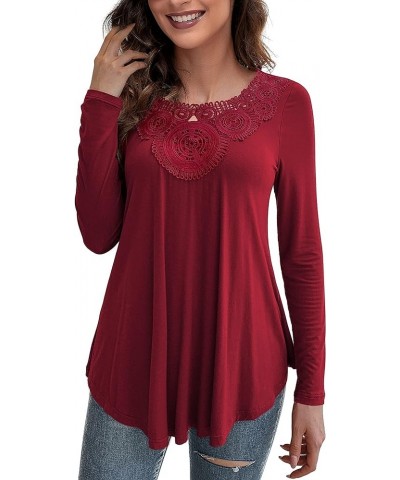 Womens Plus Size Tops Long Sleeve Shirts Blouses Lace Pleated Tunic Tops (M-4XL) Wine Red-long Sleeve $11.96 Tops