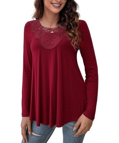 Womens Plus Size Tops Long Sleeve Shirts Blouses Lace Pleated Tunic Tops (M-4XL) Wine Red-long Sleeve $11.96 Tops