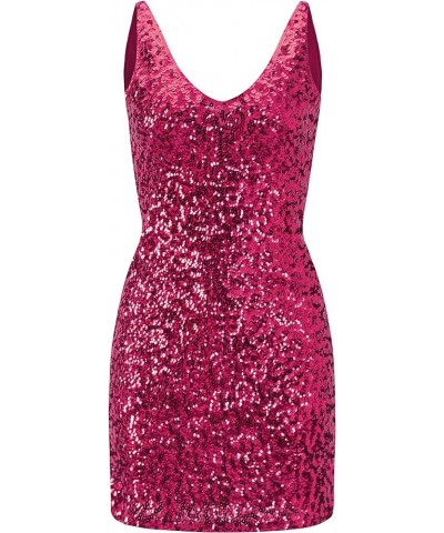 Women's Sequins Sleeveless V-Neck Mini Dresses Rose Red $21.27 Dresses