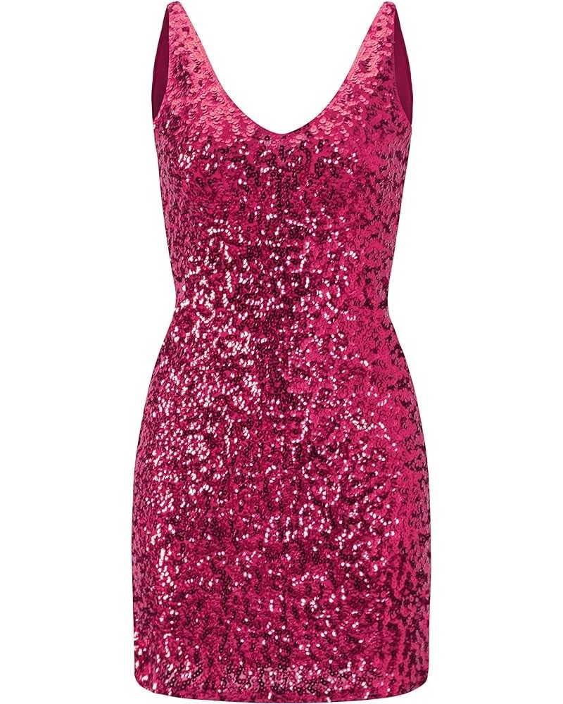 Women's Sequins Sleeveless V-Neck Mini Dresses Rose Red $21.27 Dresses