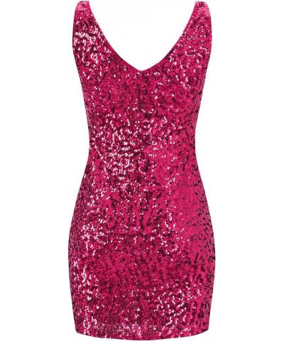 Women's Sequins Sleeveless V-Neck Mini Dresses Rose Red $21.27 Dresses