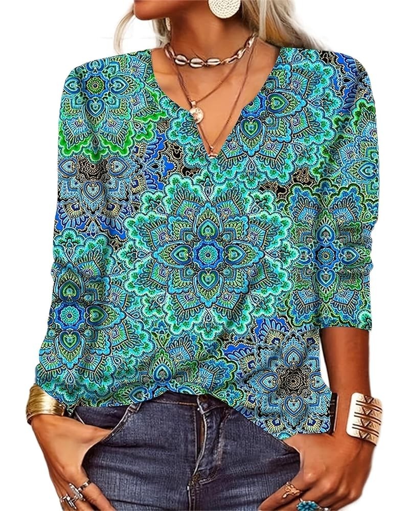 Women's Colorful Boho Floral Printed Long Sleeve V Neck Dressy Casual Blouse Vintage Ethnic Shirt Style4-h $17.75 Blouses