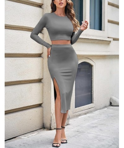 Women's 2 Piece Outfits Set Sexy Long Sleeve Crop Top Bodycon Slit Midi Skirt Sets Ribbed Knit Dress Gray $12.59 Suits