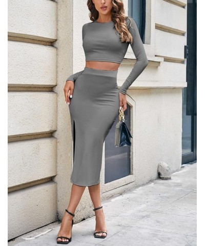 Women's 2 Piece Outfits Set Sexy Long Sleeve Crop Top Bodycon Slit Midi Skirt Sets Ribbed Knit Dress Gray $12.59 Suits