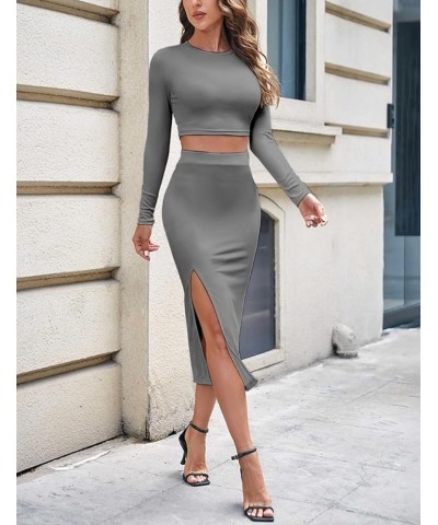 Women's 2 Piece Outfits Set Sexy Long Sleeve Crop Top Bodycon Slit Midi Skirt Sets Ribbed Knit Dress Gray $12.59 Suits