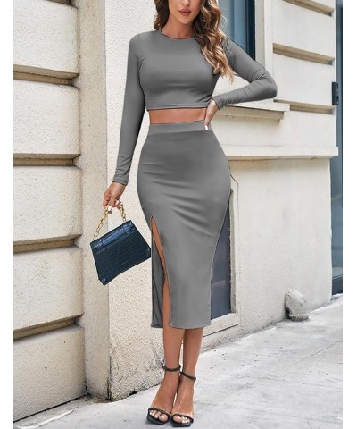 Women's 2 Piece Outfits Set Sexy Long Sleeve Crop Top Bodycon Slit Midi Skirt Sets Ribbed Knit Dress Gray $12.59 Suits