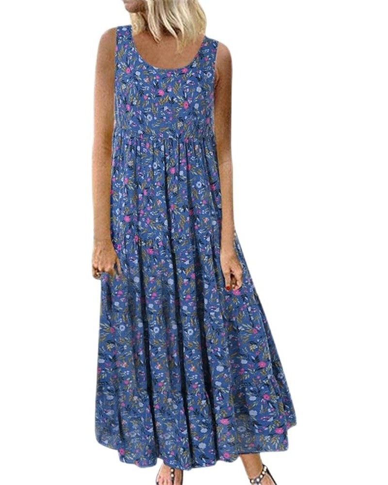 2023 Women Summer Dress Sleeveless Cotton Linen Maxi Dress Casual Round Neck Floral Printed Flowy Boho Long Dresses A2_blue $...