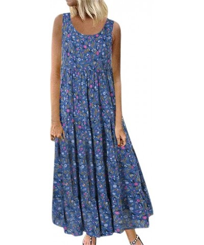 2023 Women Summer Dress Sleeveless Cotton Linen Maxi Dress Casual Round Neck Floral Printed Flowy Boho Long Dresses A2_blue $...