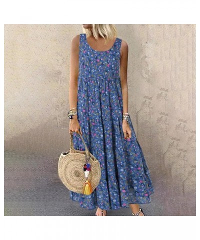 2023 Women Summer Dress Sleeveless Cotton Linen Maxi Dress Casual Round Neck Floral Printed Flowy Boho Long Dresses A2_blue $...