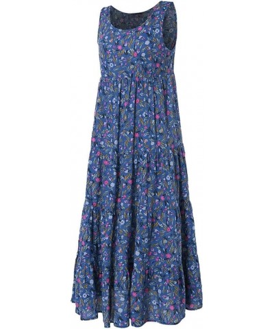 2023 Women Summer Dress Sleeveless Cotton Linen Maxi Dress Casual Round Neck Floral Printed Flowy Boho Long Dresses A2_blue $...