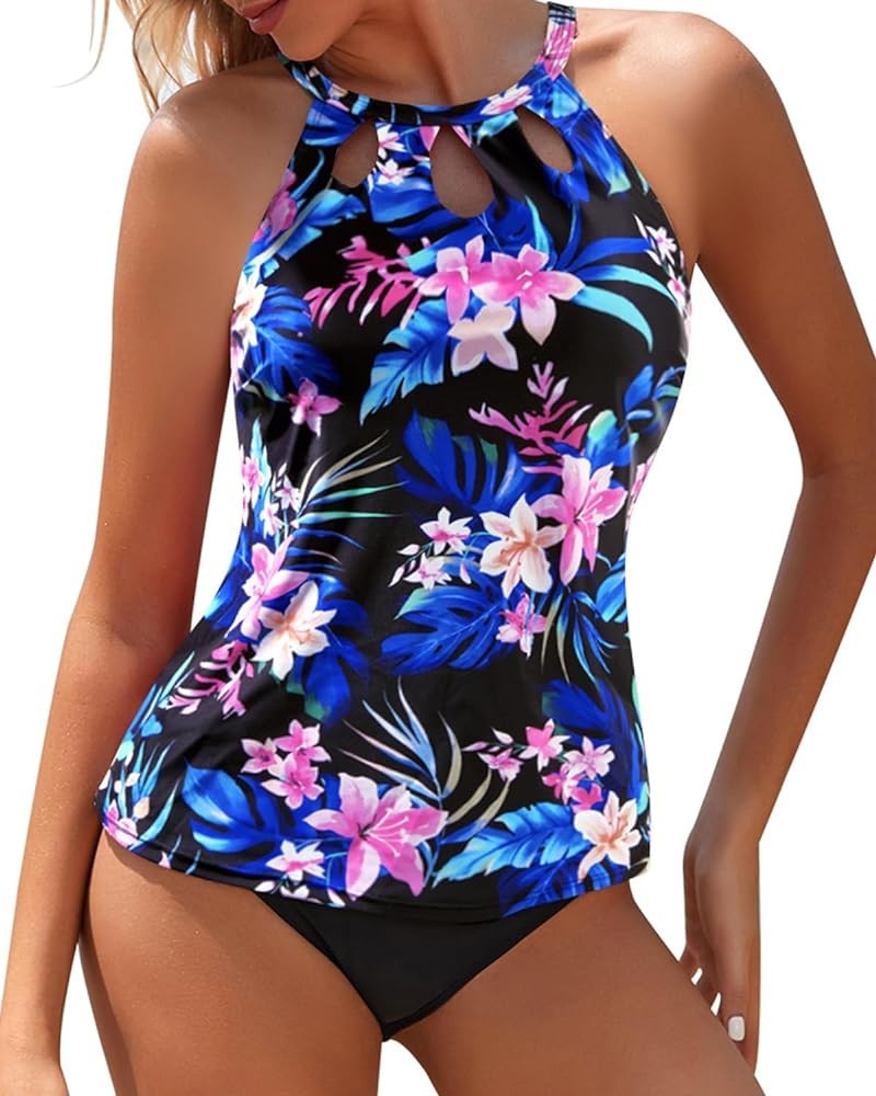 Two Piece High Neck Tankini Swimsuits for Women Tummy Control Bathing Suits Floral Print Swimwear Flower and Leaf $14.30 Swim...