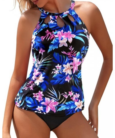 Two Piece High Neck Tankini Swimsuits for Women Tummy Control Bathing Suits Floral Print Swimwear Flower and Leaf $14.30 Swim...