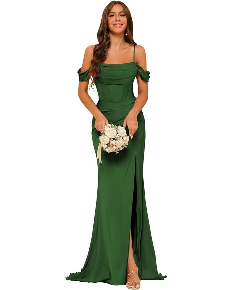 Off Shoulder Satin Bridesmaid Dresses Long Mermaid Corset Prom Dress for Women Formal Gown with Slit Emerald Green $35.09 Dre...
